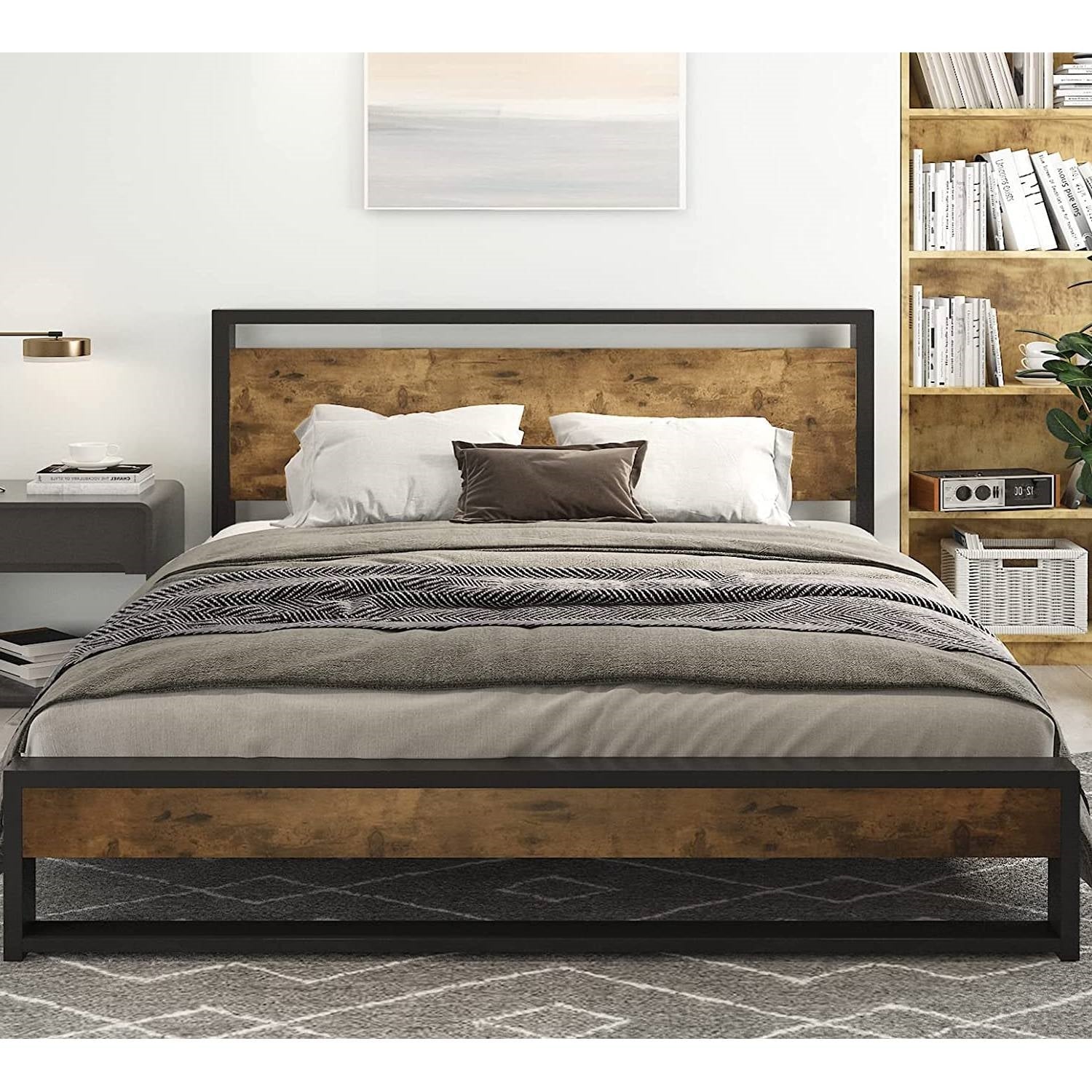 Queen Modern Farmhouse Platform Bed Frame with Wood Panel Headboard Footboard-1