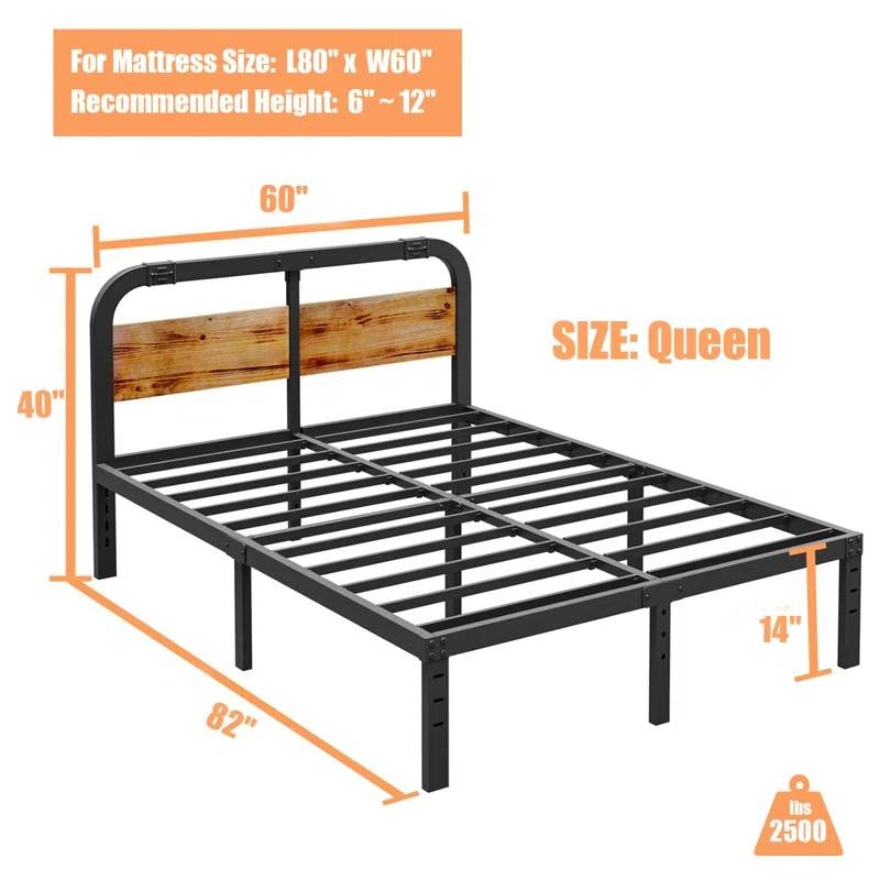 Queen Heavy Duty Black Metal Bed Frame with Solid Wood Panel Headboard-4