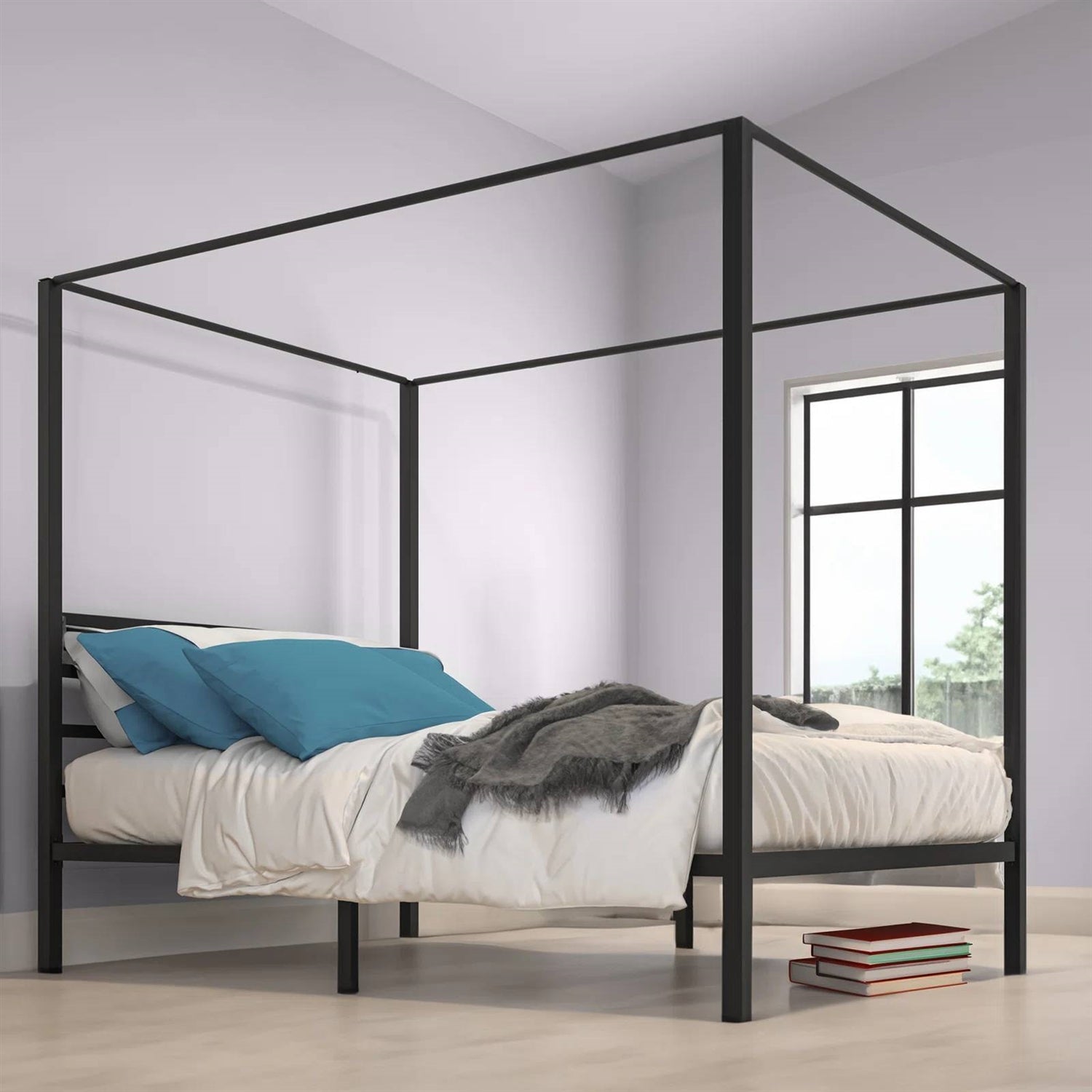 Queen size Modern Four Poster Metal Canopy Bed in Black Finish-0