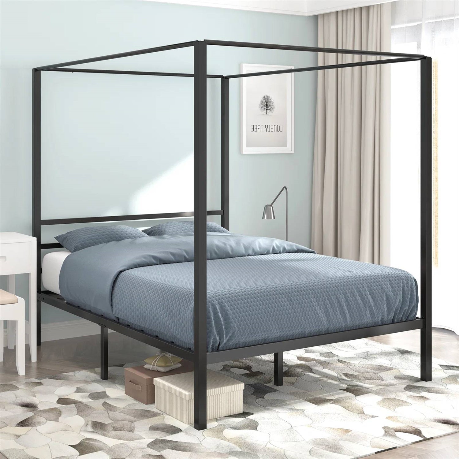 Queen size Modern Four Poster Metal Canopy Bed in Black Finish-2