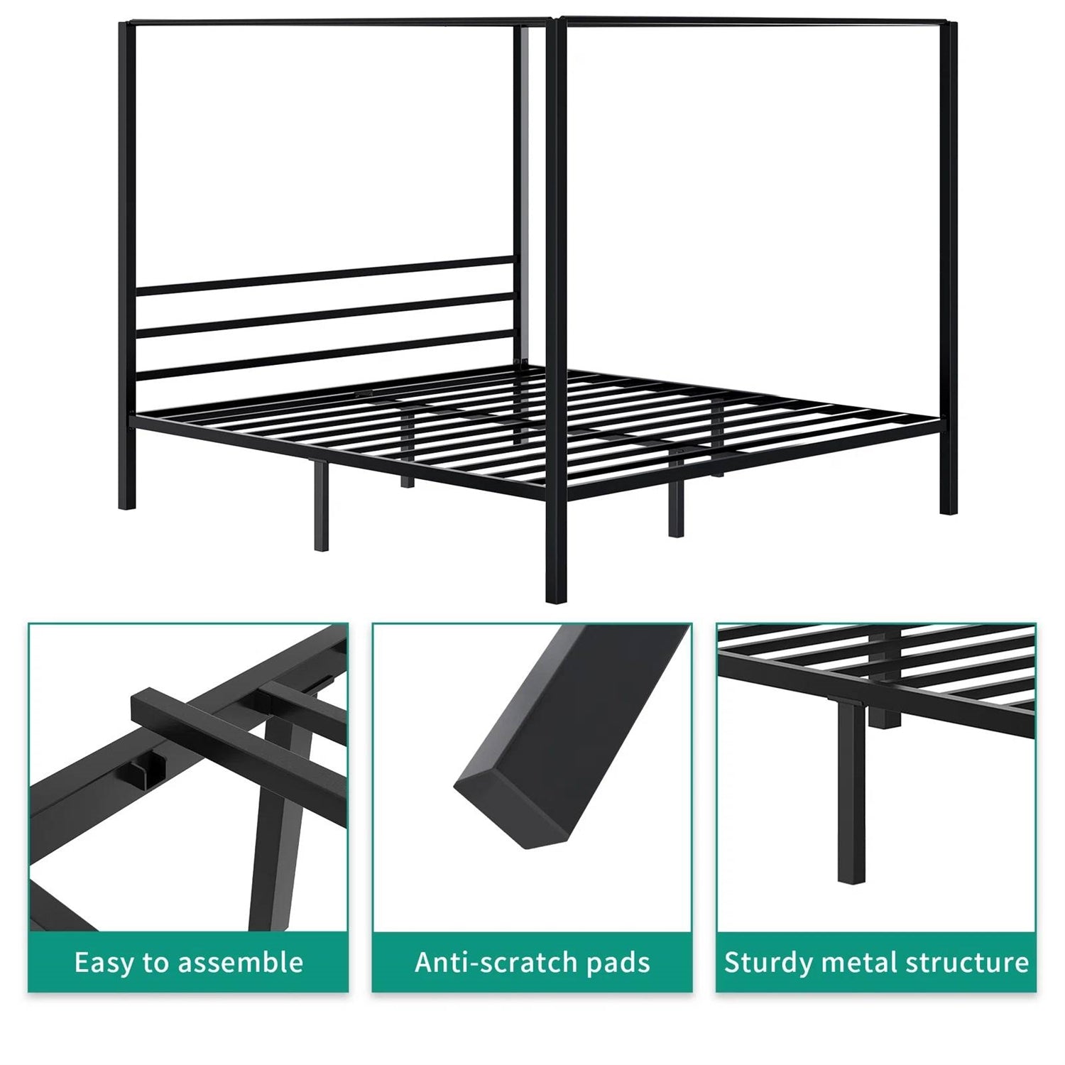 Queen size Modern Four Poster Metal Canopy Bed in Black Finish-3