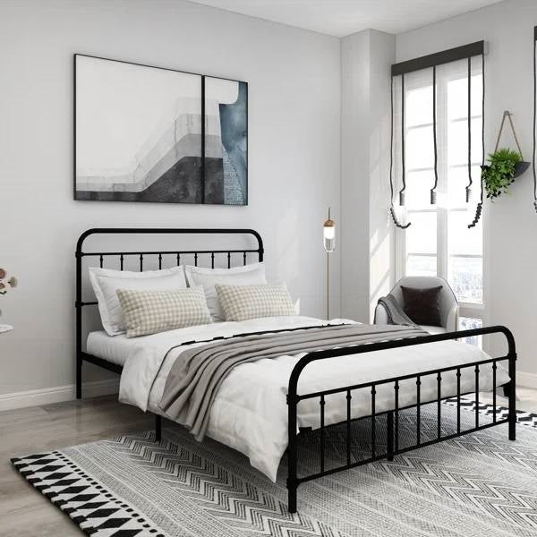 Queen Classic Farmhouse Black Metal Bed Frame with Rounded Headboard Footboard