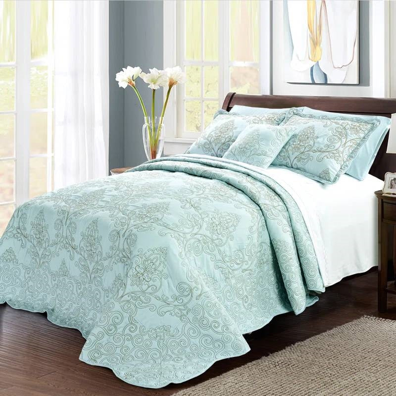 Queen size Light Blue Damask Embroidered 4 Piece Oversized Bedspread Set-0