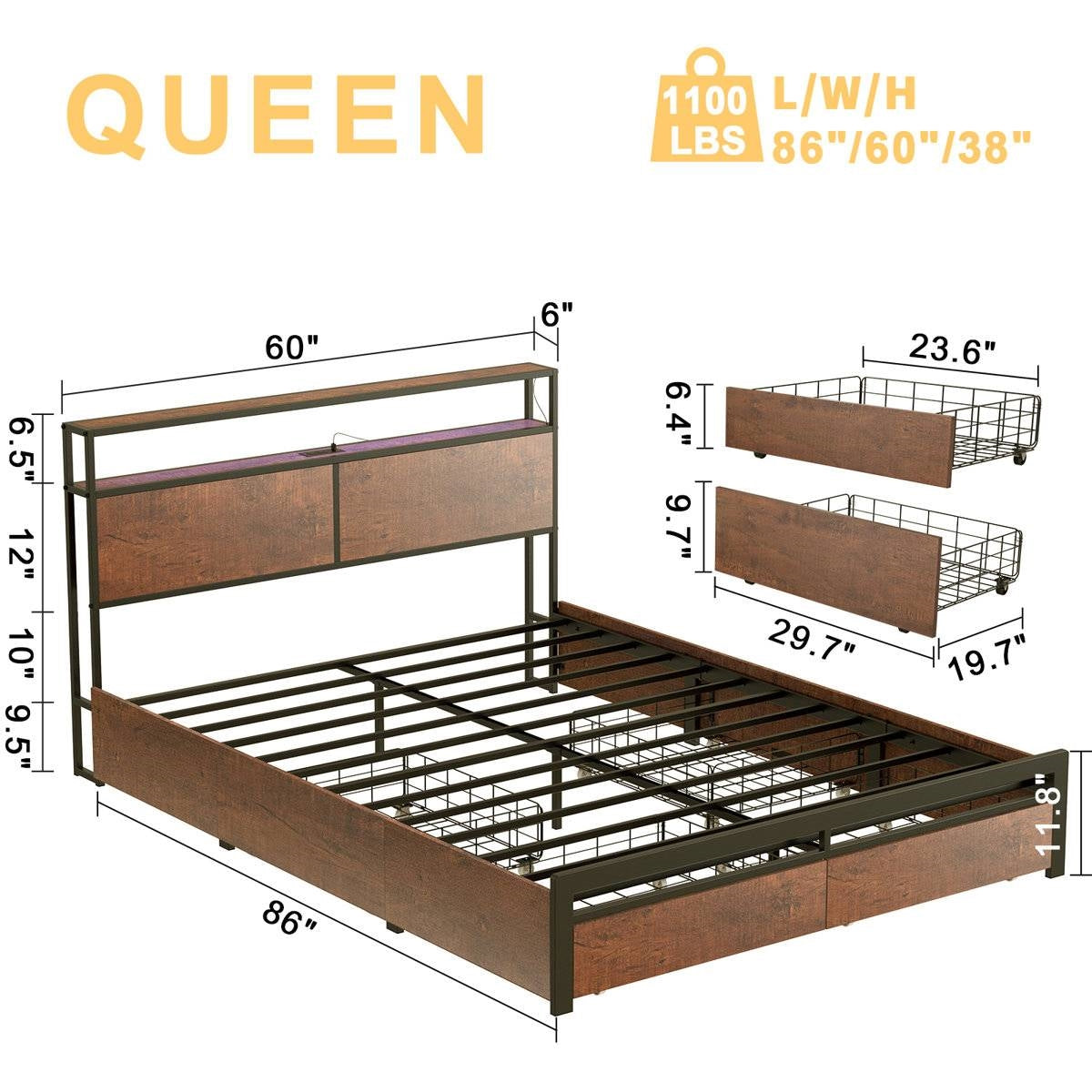 Queen size Platform Bed with Headboard and Storage Drawers in Brown Wood Finish-4
