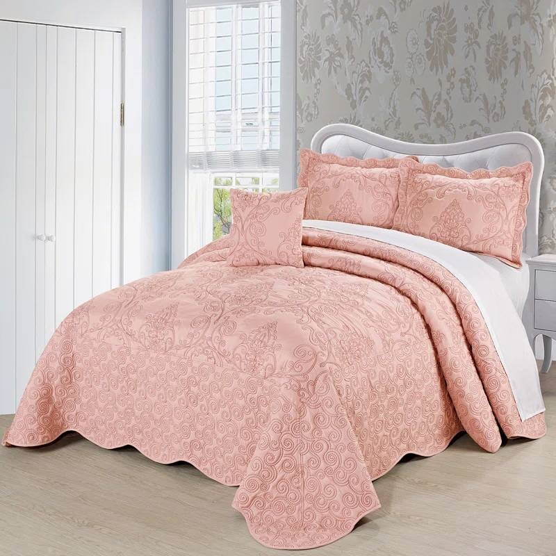 Queen size Dusty Pink Damask Embroidered 4 Piece Oversized Bedspread Set