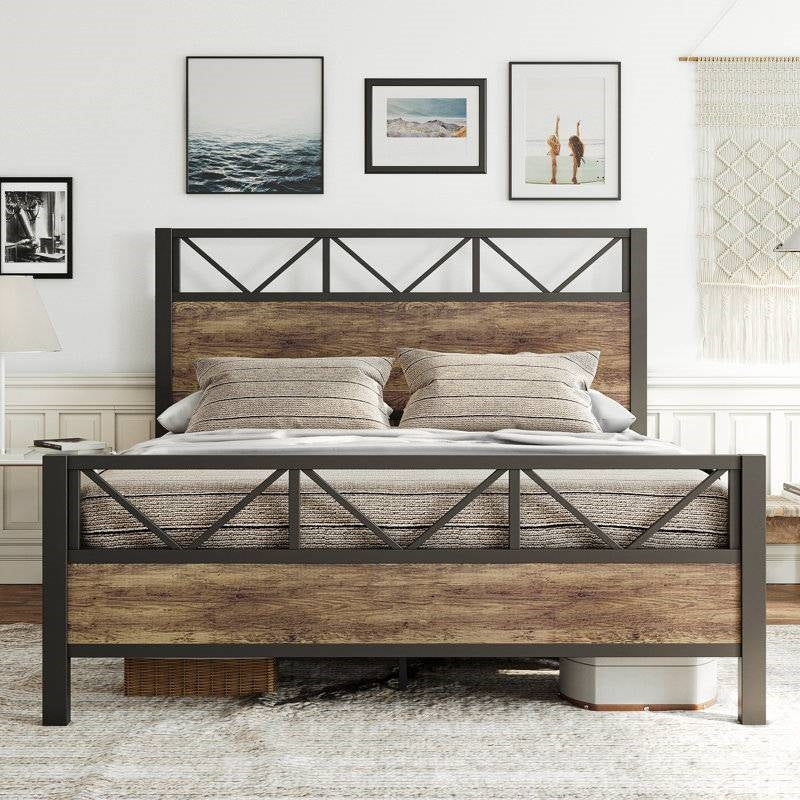 Queen Metal Wood Vintage Industrial Platform Bed Frame with Headboard Footboard-0