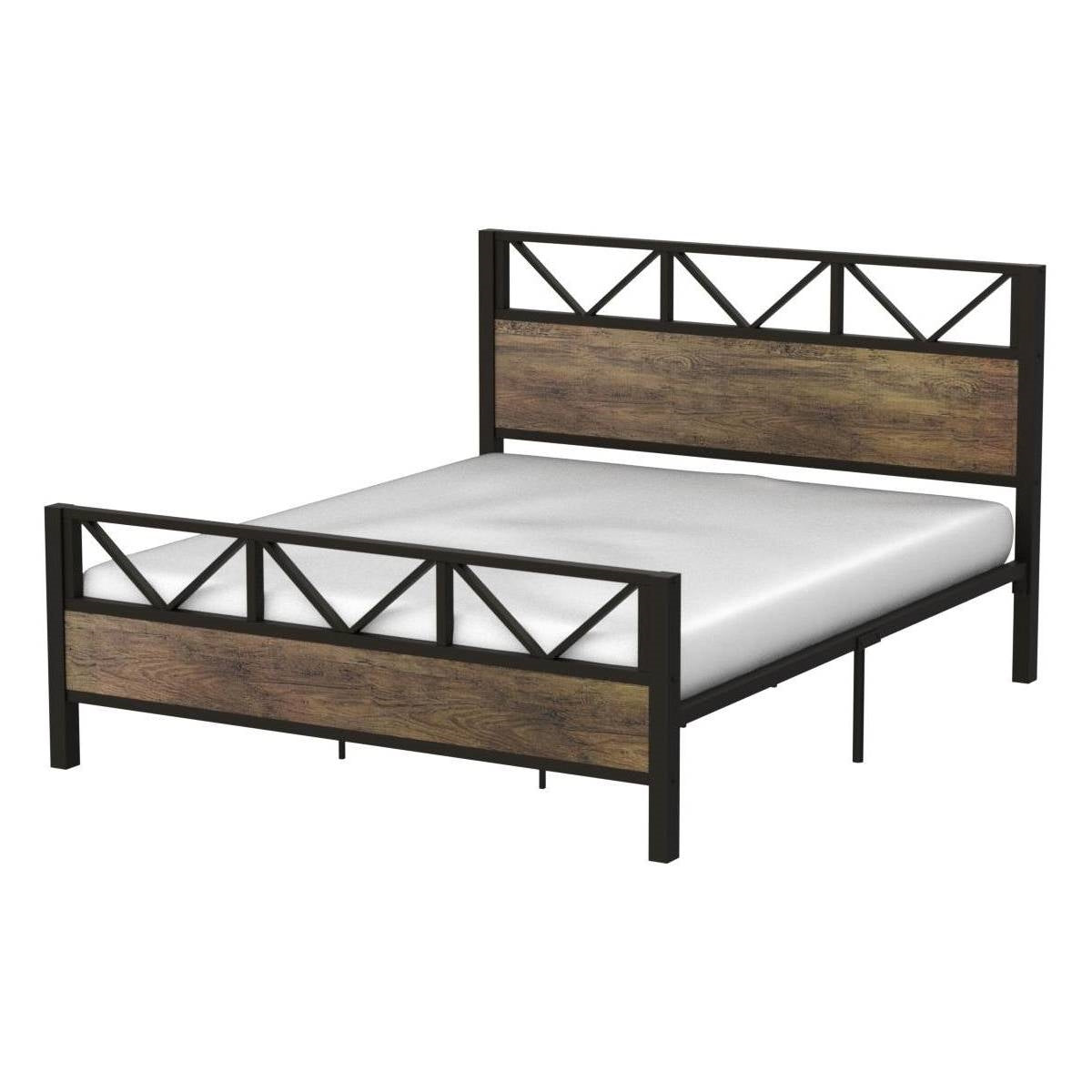 Queen Metal Wood Vintage Industrial Platform Bed Frame with Headboard Footboard-1