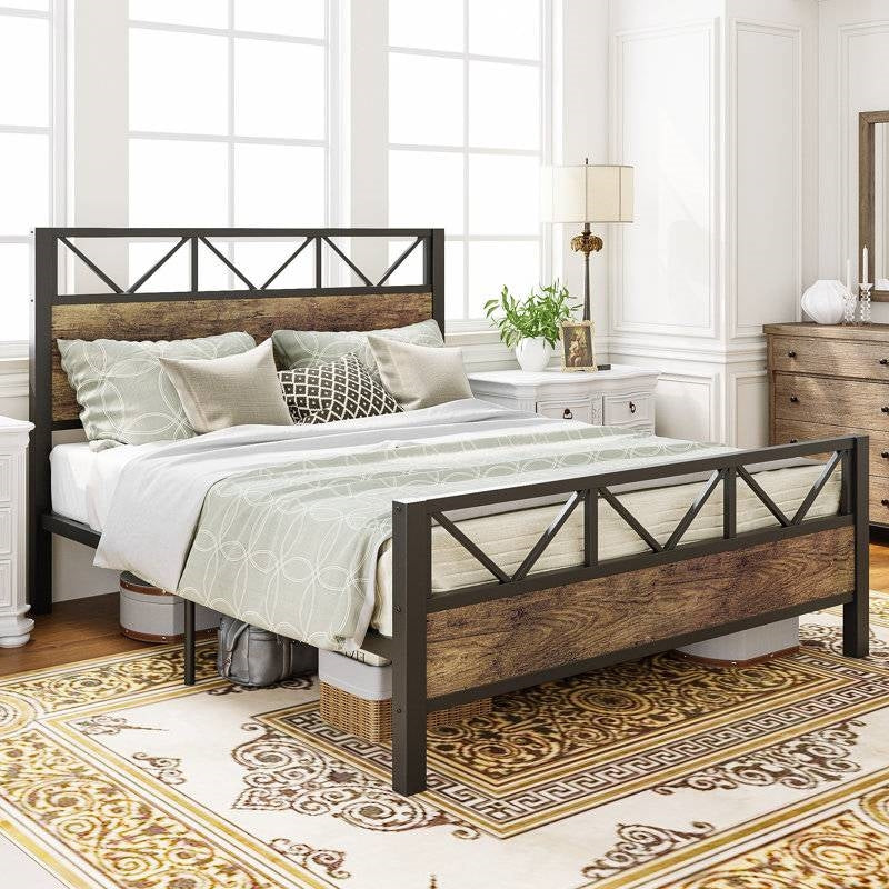 Queen Metal Wood Vintage Industrial Platform Bed Frame with Headboard Footboard-3