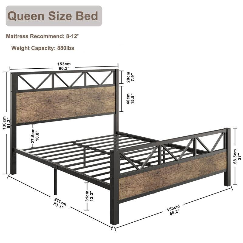 Queen Metal Wood Vintage Industrial Platform Bed Frame with Headboard Footboard-4