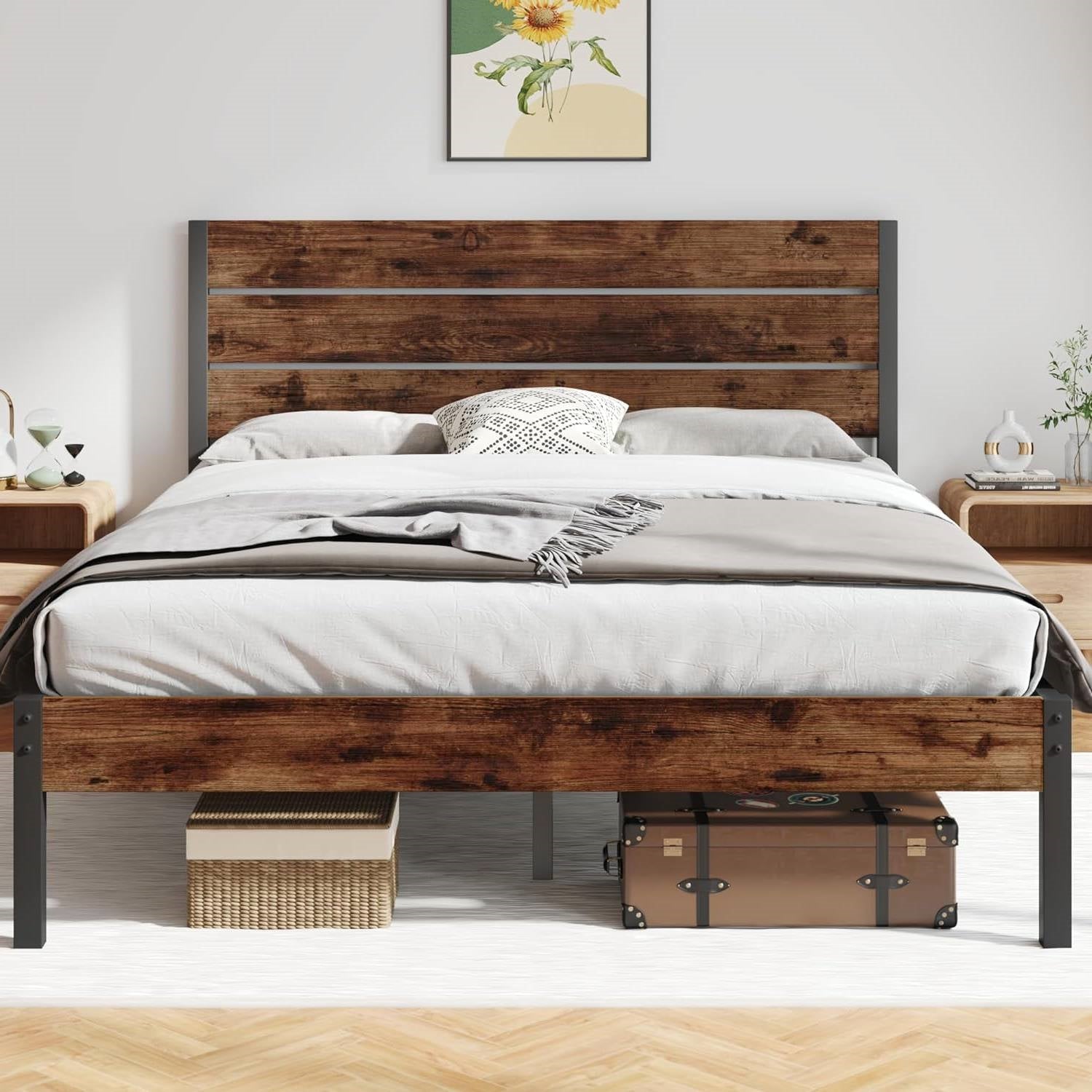 Queen size Modern Farmhouse Metal Platform Bed Frame with Brown Wood Headboard-0