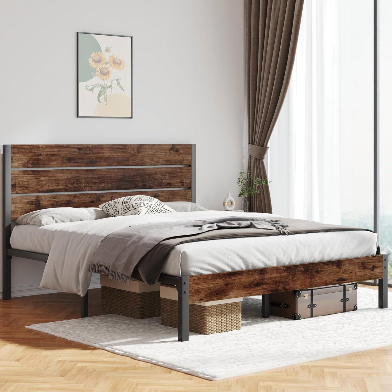 Queen size Modern Farmhouse Metal Platform Bed Frame with Brown Wood Headboard-1