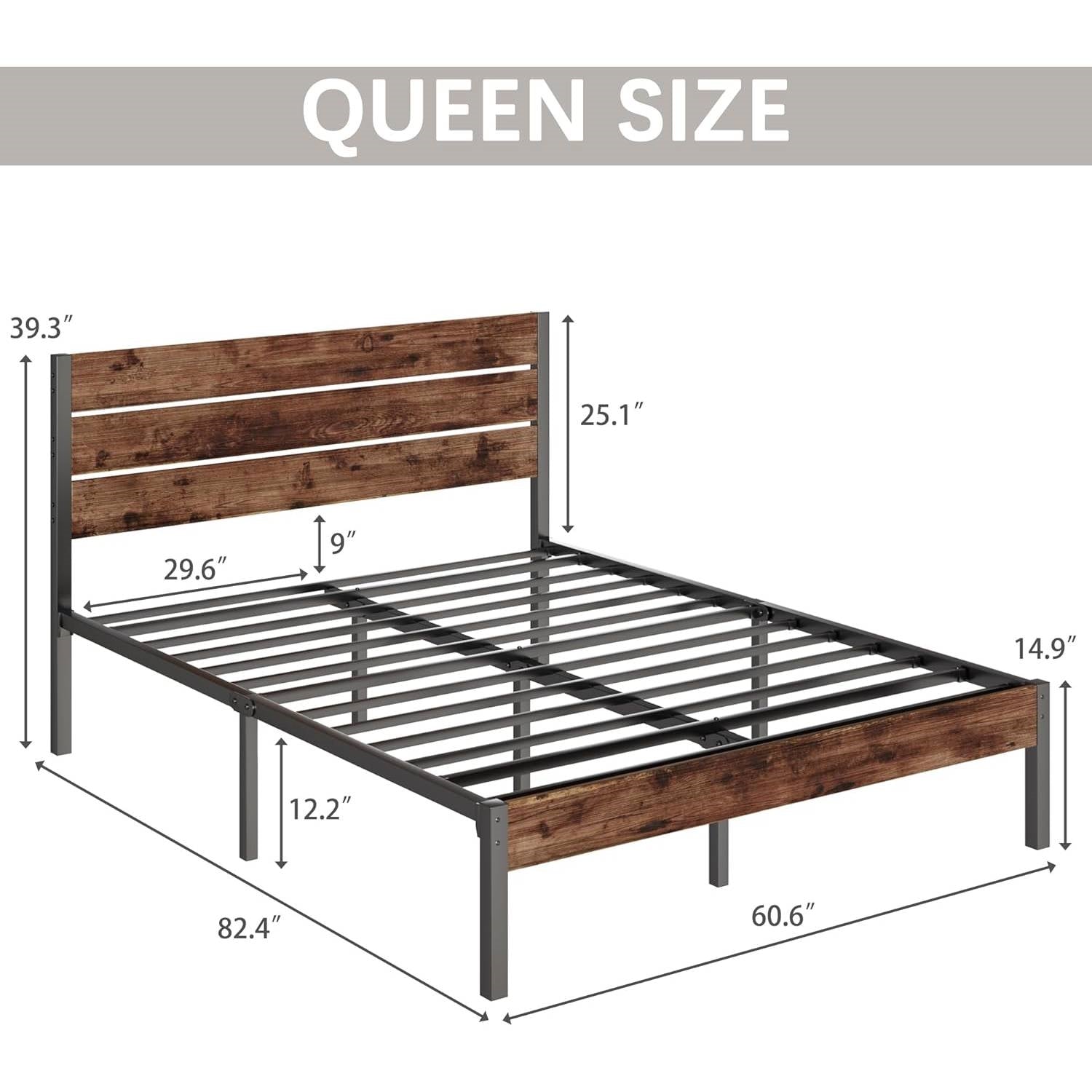 Queen size Modern Farmhouse Metal Platform Bed Frame with Brown Wood Headboard-4