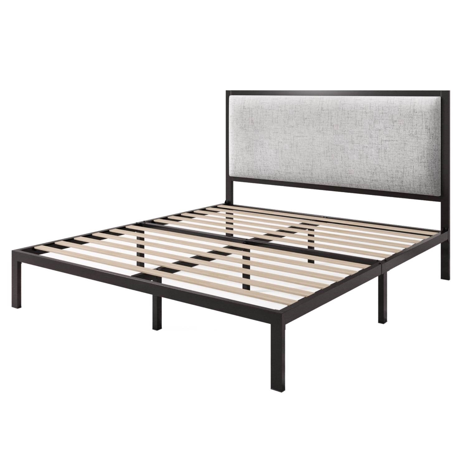 Queen Black Metal Platform Bed Frame with Tall Grey Linen Upholstered Headboard-0