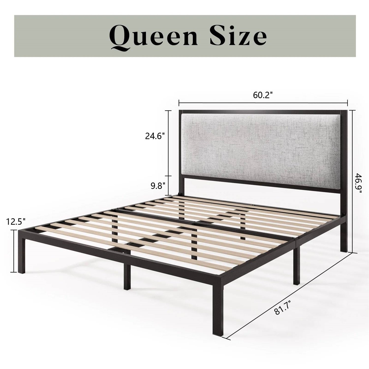 Queen Black Metal Platform Bed Frame with Tall Grey Linen Upholstered Headboard-4