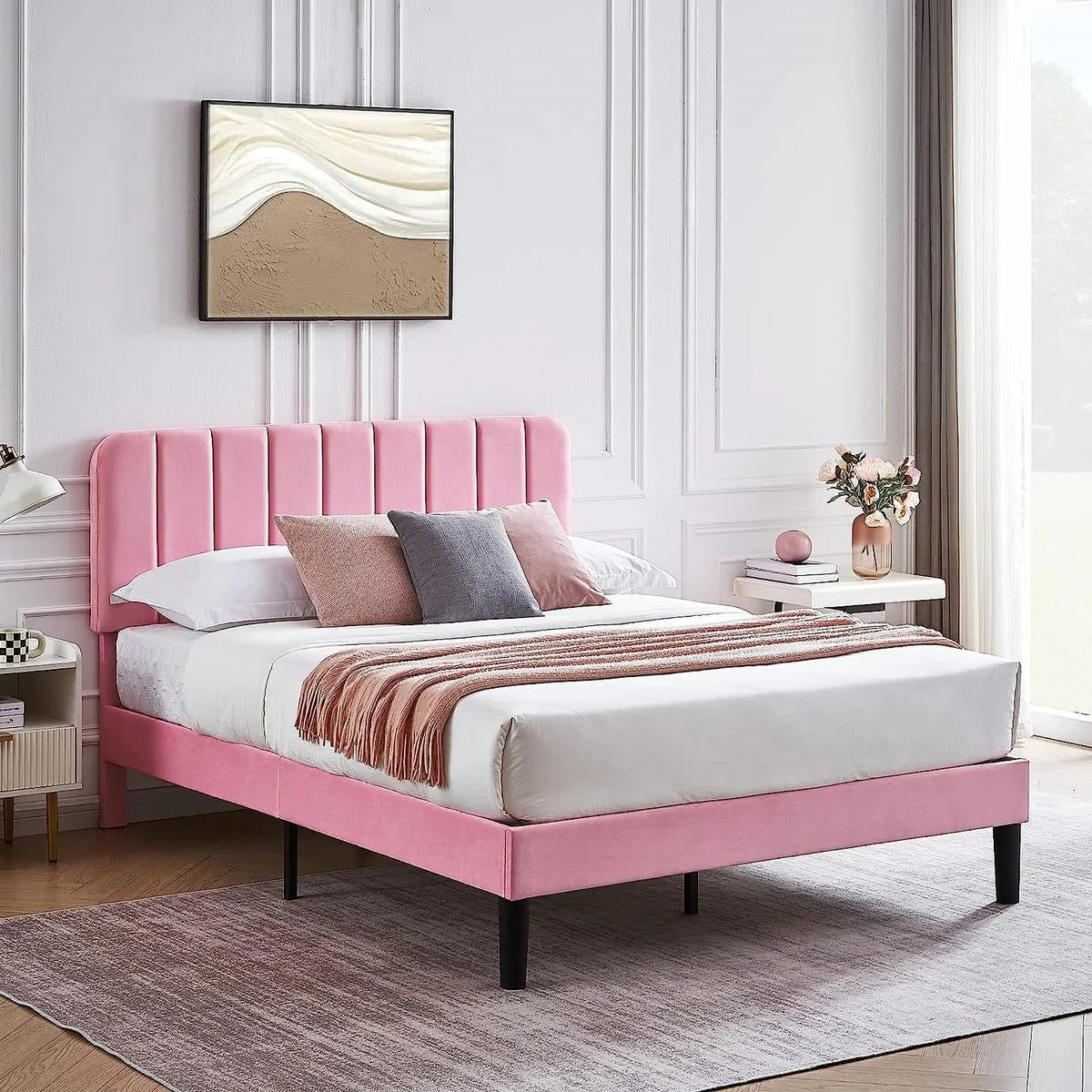 Queen size Pink Upholstered Platform Bed Frame with Headboard-0
