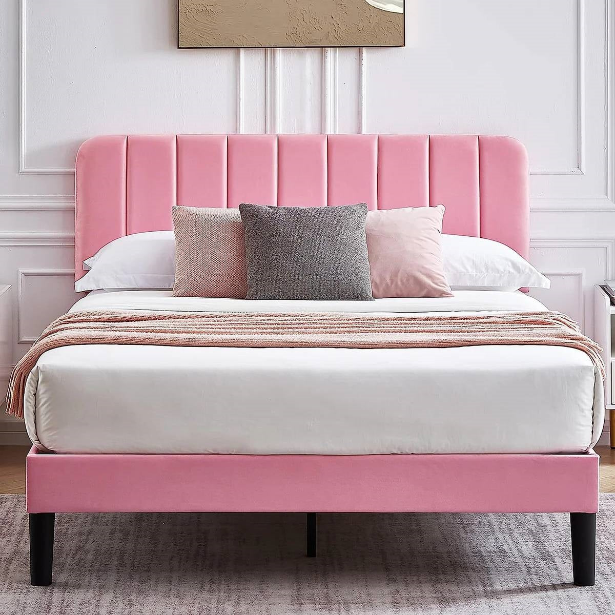 Queen size Pink Upholstered Platform Bed Frame with Headboard-1