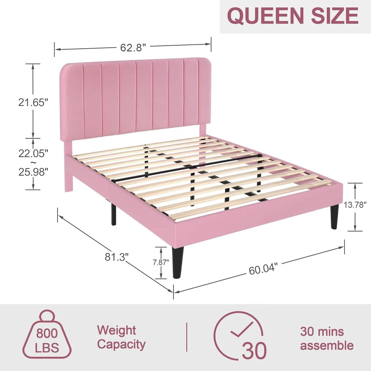 Queen size Pink Upholstered Platform Bed Frame with Headboard-4