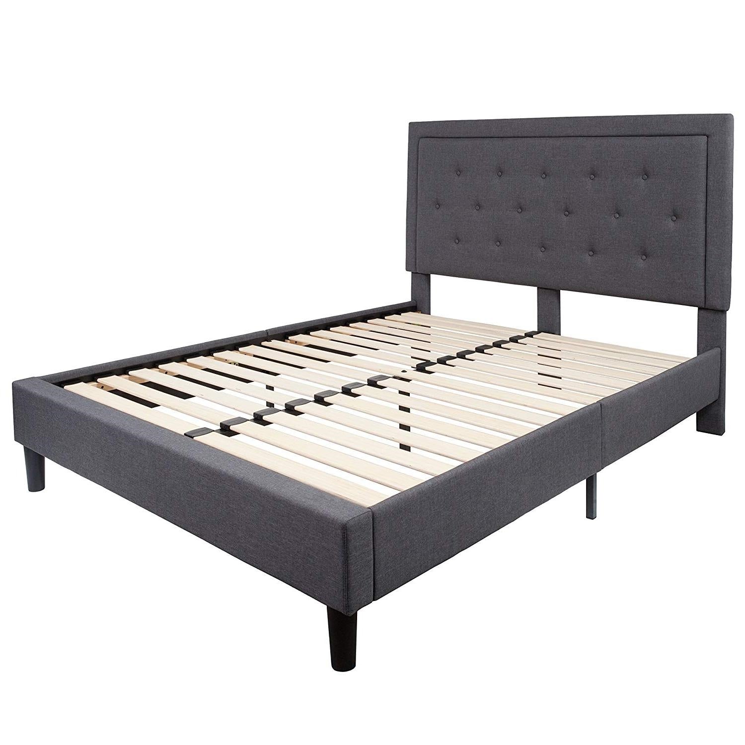 Queen size Dark Gray Fabric Upholstered Platform Bed Frame with Headboard-0