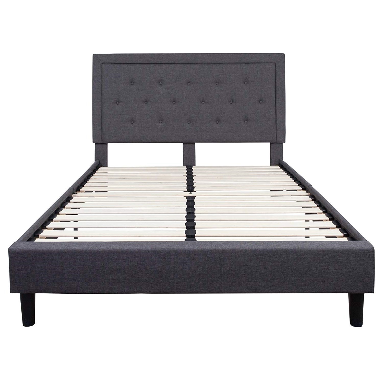 Queen size Dark Gray Fabric Upholstered Platform Bed Frame with Headboard-1