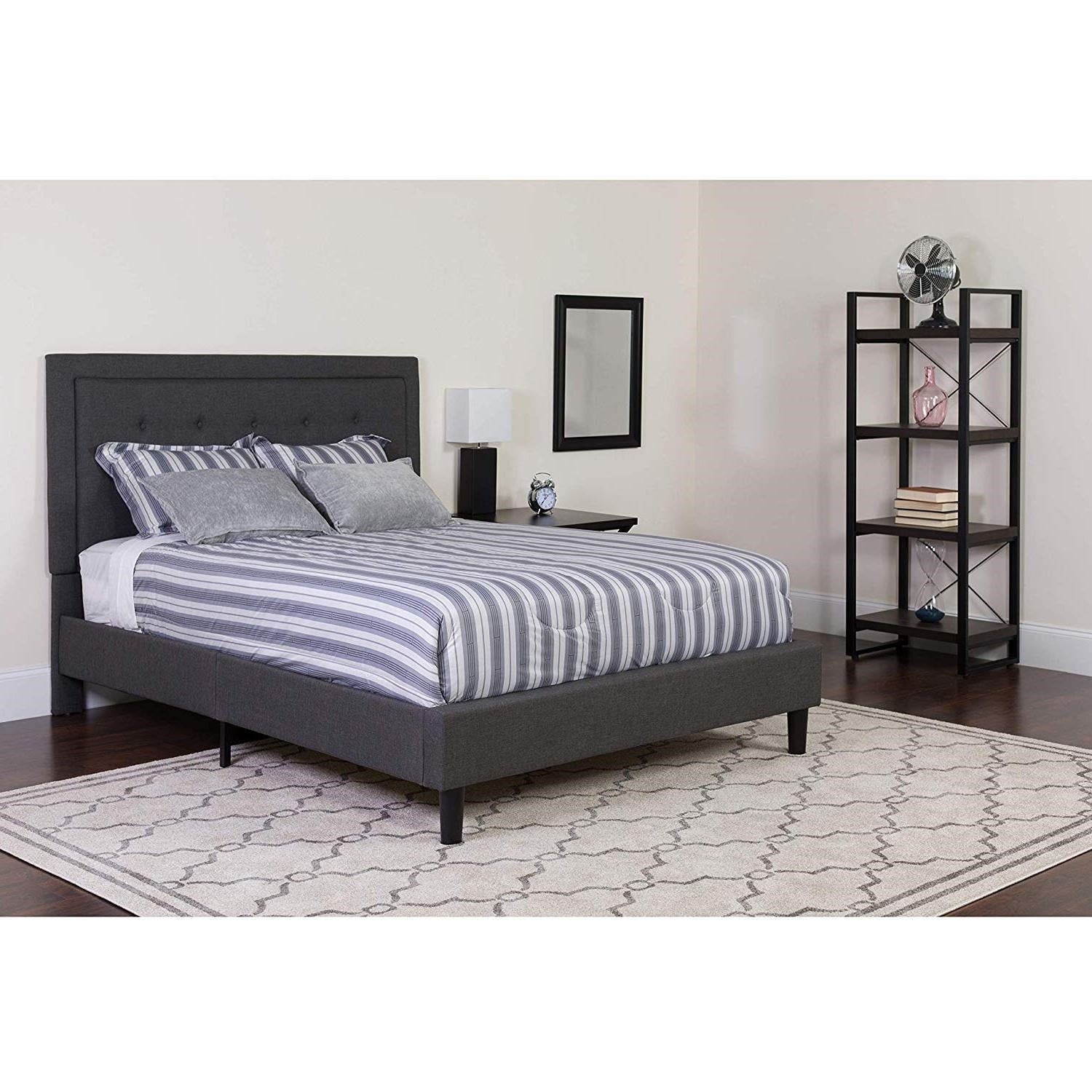 Queen size Dark Gray Fabric Upholstered Platform Bed Frame with Headboard-2