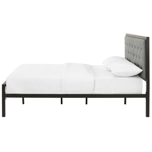 Queen size Contemporary Metal Platform Bed with Grey Upholstered Headboard-2