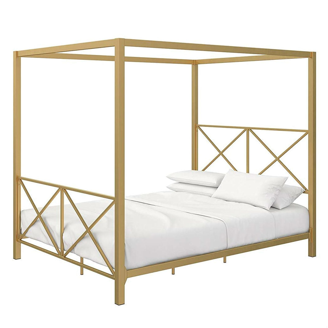 Queen size Modern Gold Metal Canopy Bed Frame with Headboard and Footboard-0