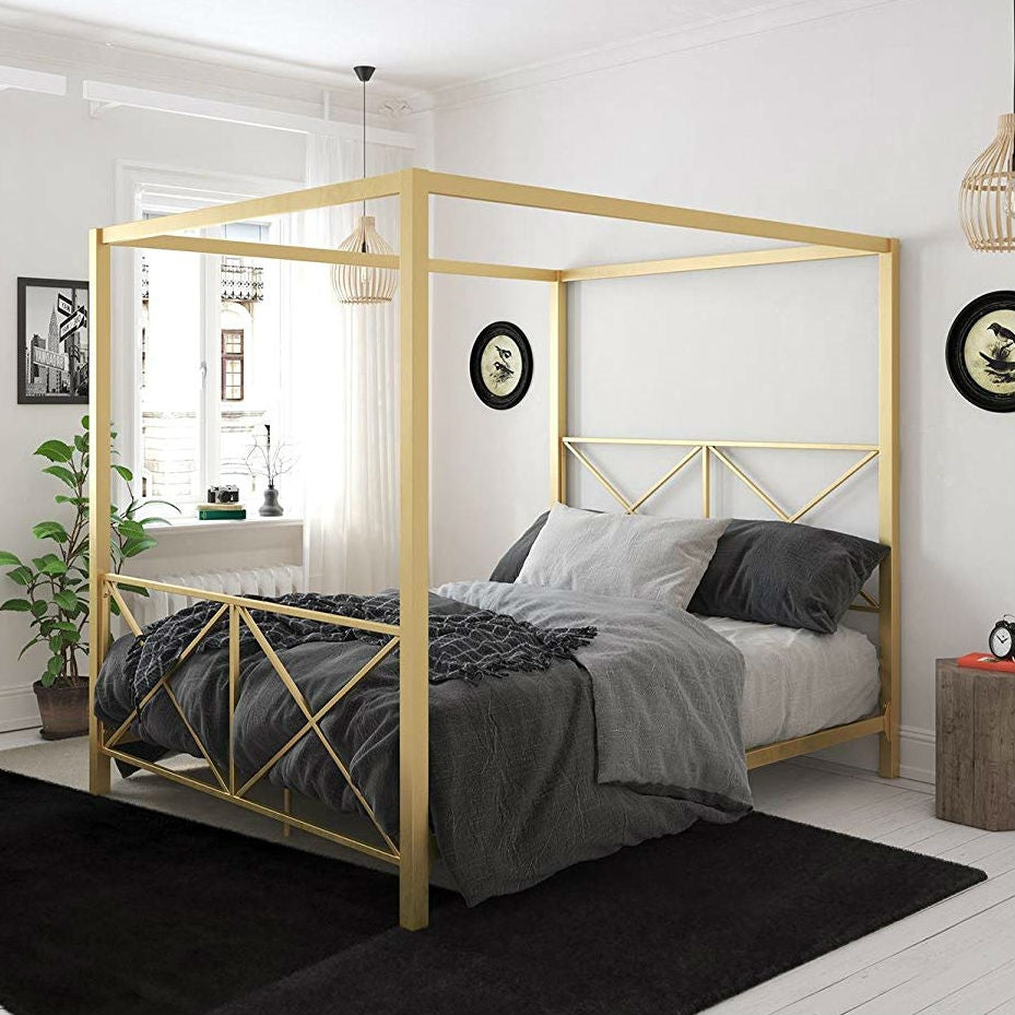 Queen size Modern Gold Metal Canopy Bed Frame with Headboard and Footboard-1