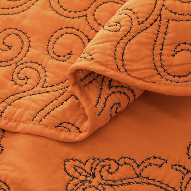 Queen size Orange Nectarine Damask Embroidered 4 Piece Oversized Bedspread Set-1