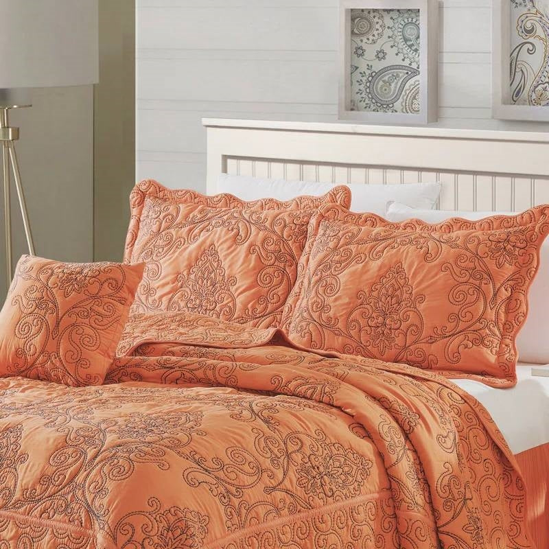 Queen size Orange Nectarine Damask Embroidered 4 Piece Oversized Bedspread Set-2