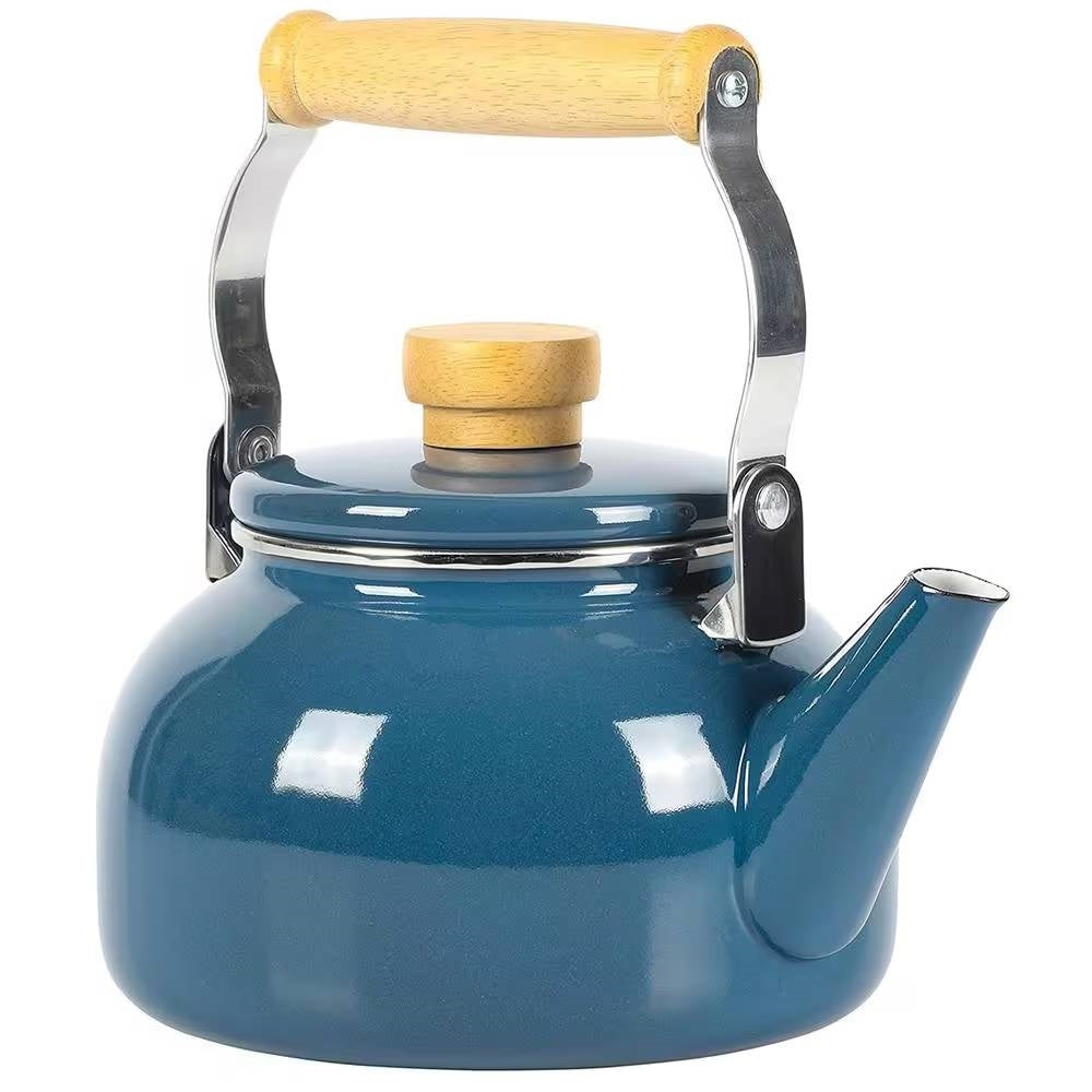 1.5 Qt. Steel Teapot Kettle w/ Blue White Glossy Enamel Coating and Wood Handle-0