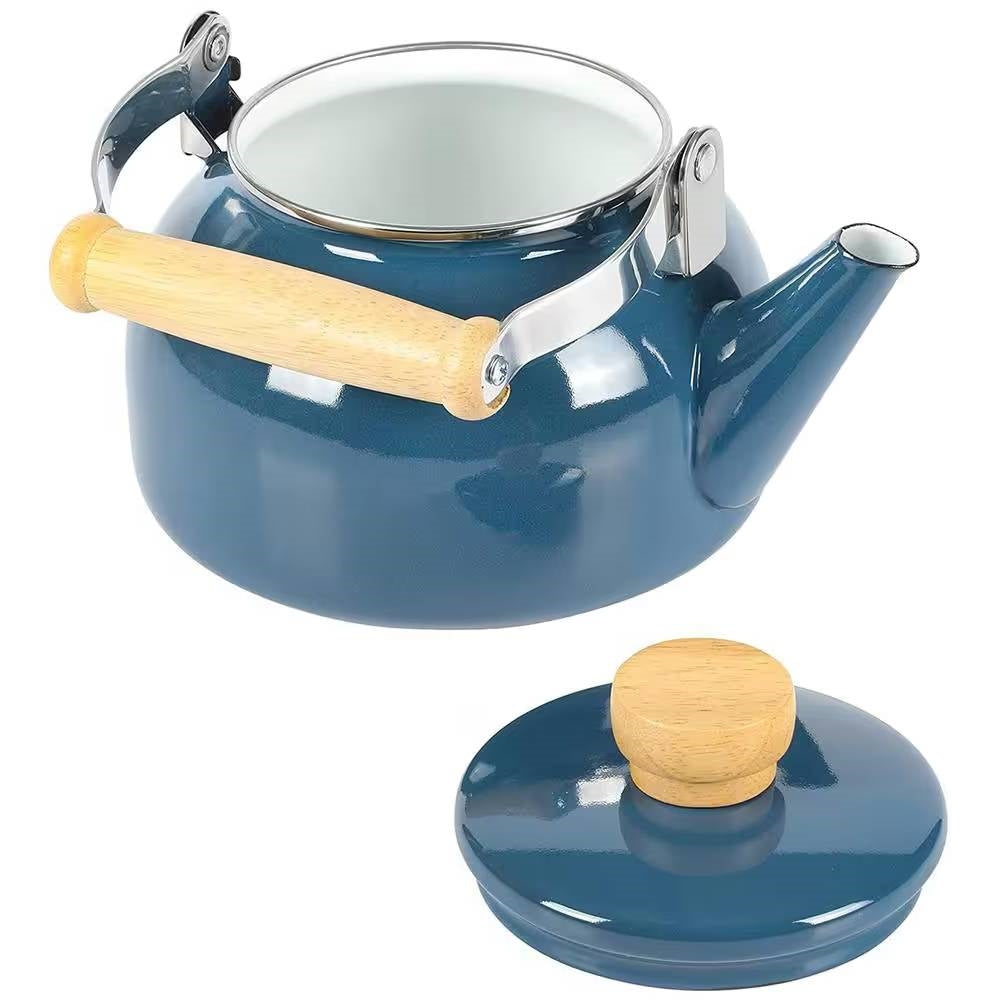 1.5 Qt. Steel Teapot Kettle w/ Blue White Glossy Enamel Coating and Wood Handle-1