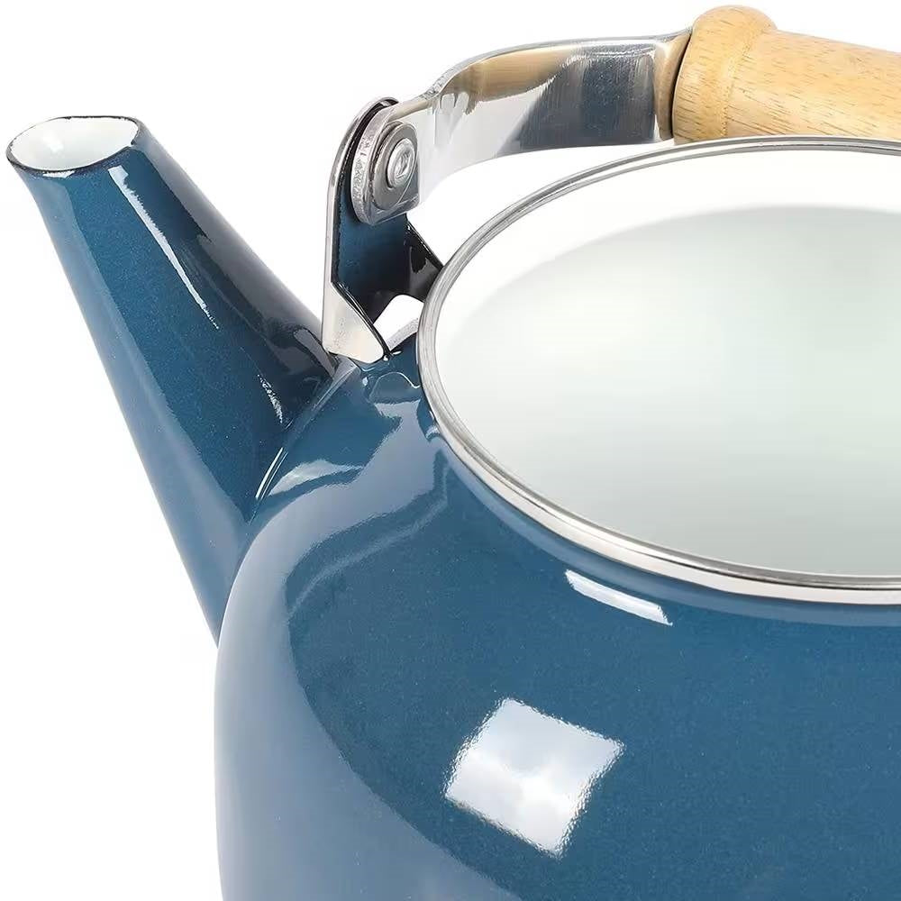 1.5 Qt. Steel Teapot Kettle w/ Blue White Glossy Enamel Coating and Wood Handle-2