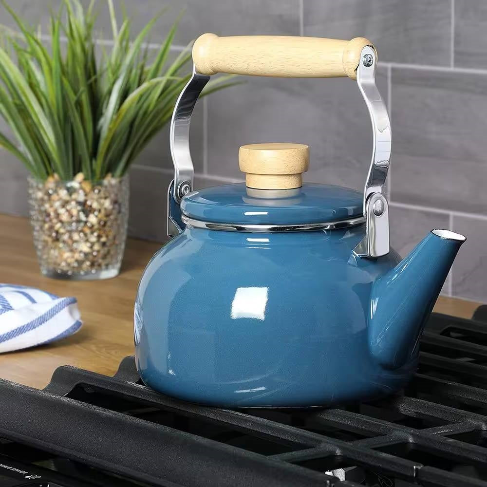 1.5 Qt. Steel Teapot Kettle w/ Blue White Glossy Enamel Coating and Wood Handle-3