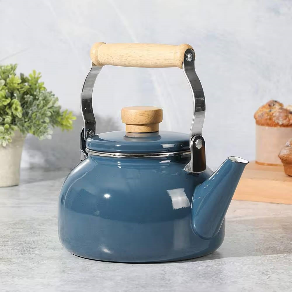 1.5 Qt. Steel Teapot Kettle w/ Blue White Glossy Enamel Coating and Wood Handle-4