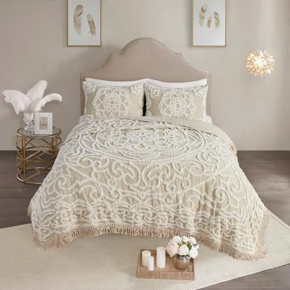 Queen 100-Percent Cotton Chenille Bedspread with Fringe Hem in Khaki Taupe Beige