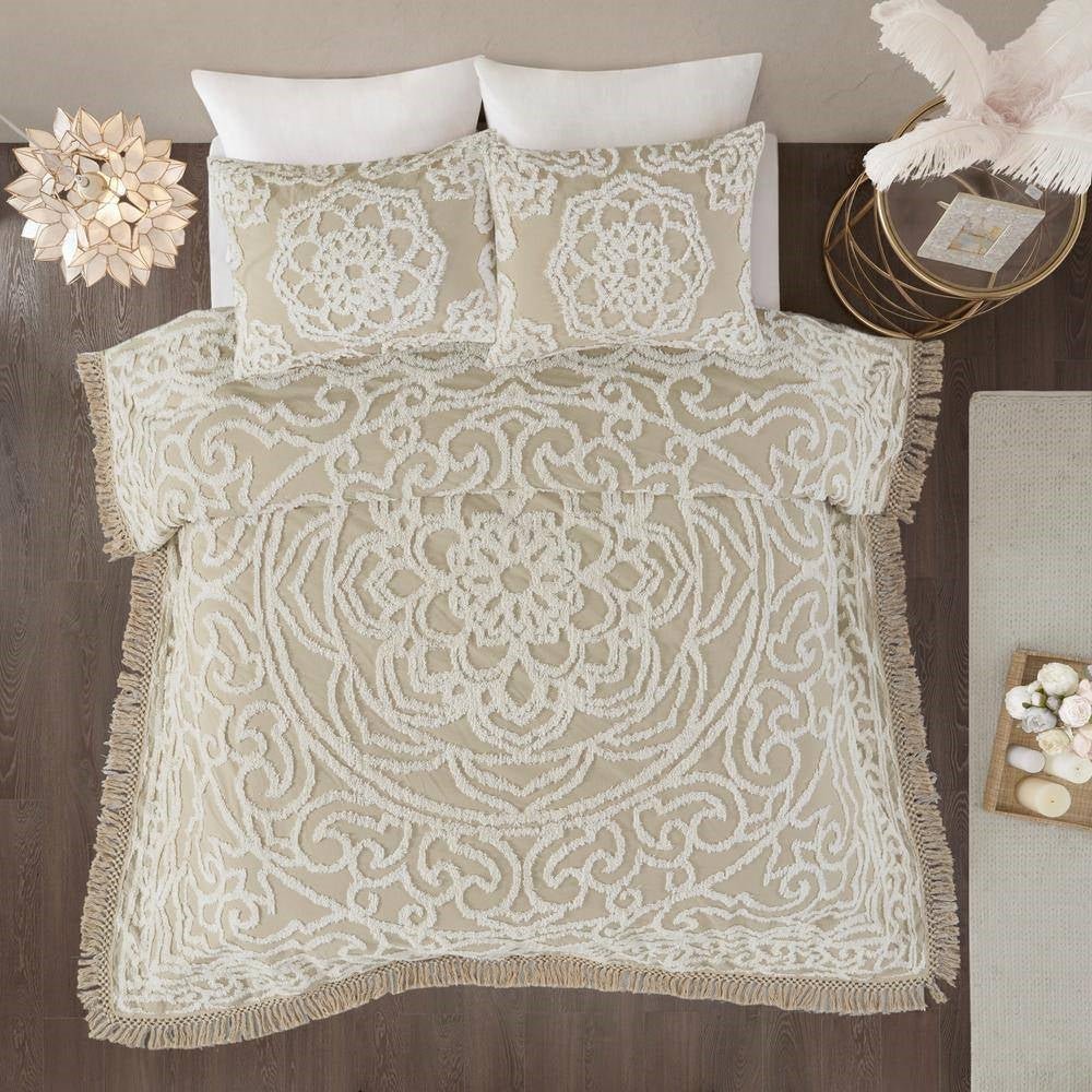 Queen 100-Percent Cotton Chenille Bedspread with Fringe Hem in Khaki Taupe Beige-1