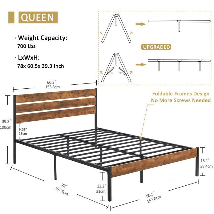 Queen Industrial Platform Bed Frame with Brown Wood Slatted Headboard Footboard-4