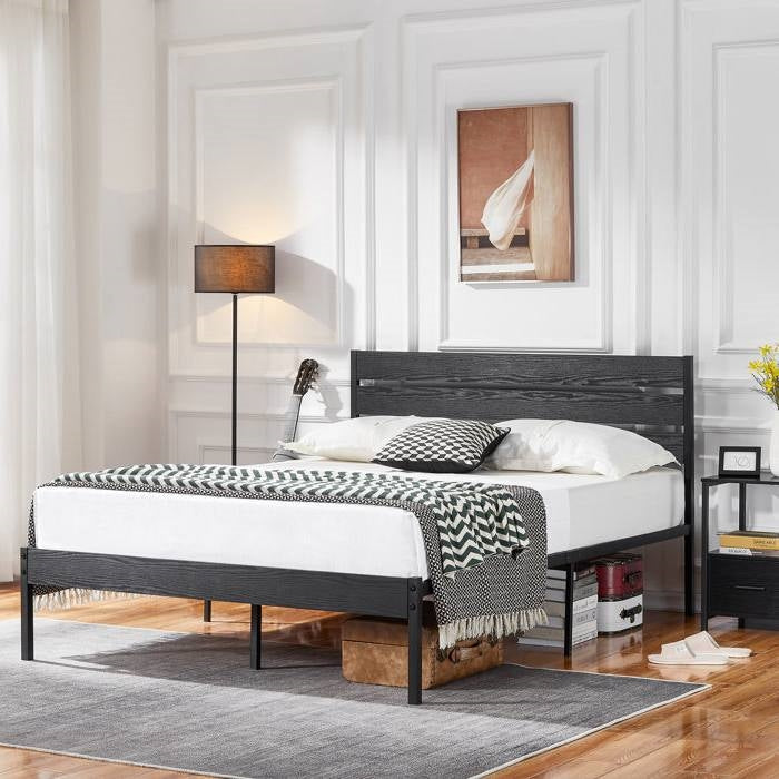 Queen size Industrial Platform Bed Frame with Wood Slatted Headboard in Black-0