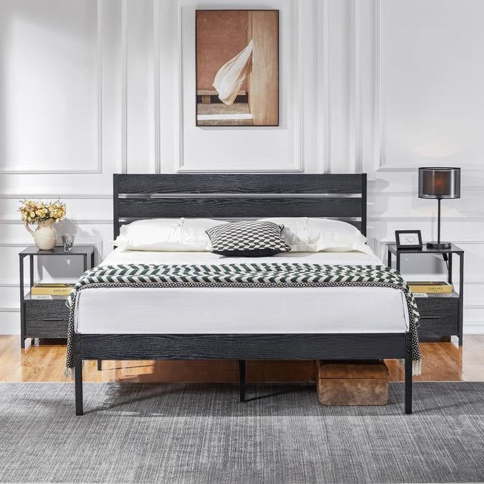 Queen size Industrial Platform Bed Frame with Wood Slatted Headboard in Black-1