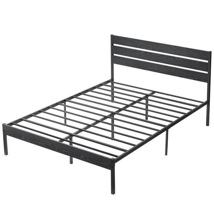 Queen size Industrial Platform Bed Frame with Wood Slatted Headboard in Black-3