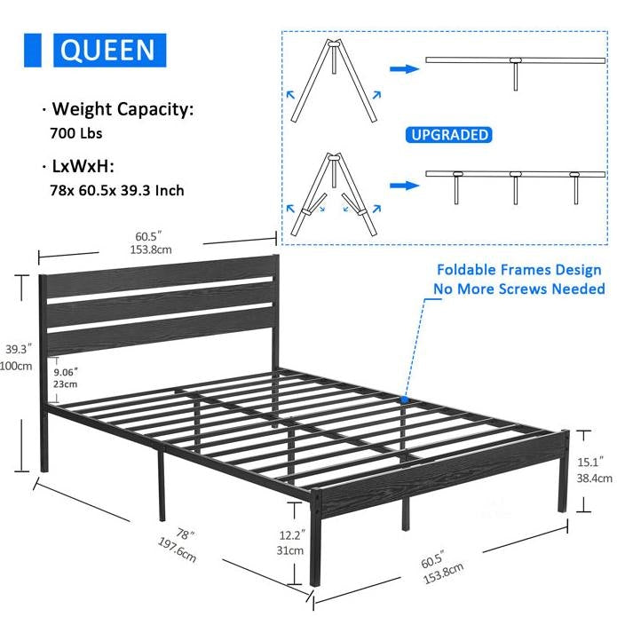 Queen size Industrial Platform Bed Frame with Wood Slatted Headboard in Black-4