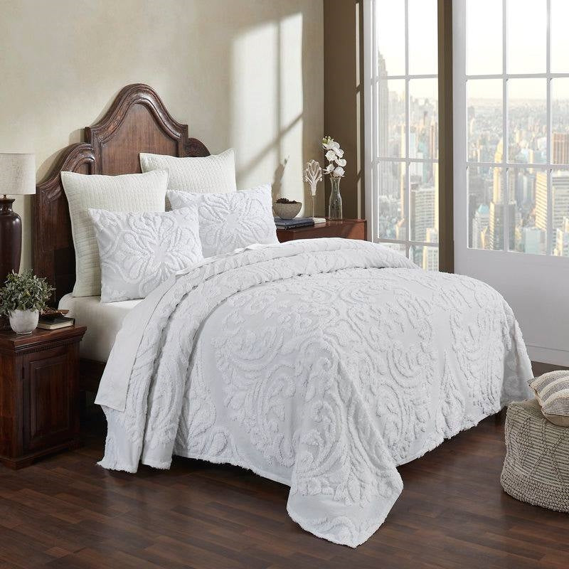 Queen Size OverSized 100% Cotton Chenille 3 PCS Coverlet Bedspread Set in White-0