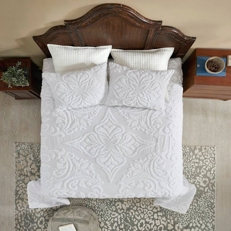 Queen Size OverSized 100% Cotton Chenille 3 PCS Coverlet Bedspread Set in White-2