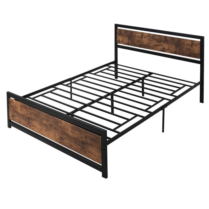 Queen Size FarmHouse Metal Wood Platform Bed Headboard Footboard-0