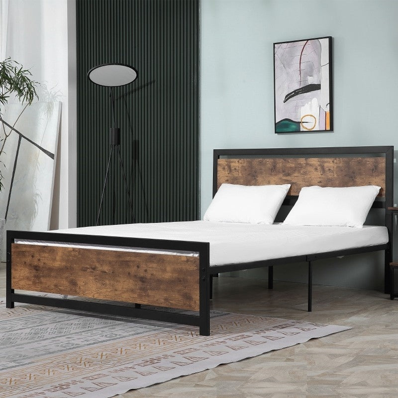 Queen Size FarmHouse Metal Wood Platform Bed Headboard Footboard-1