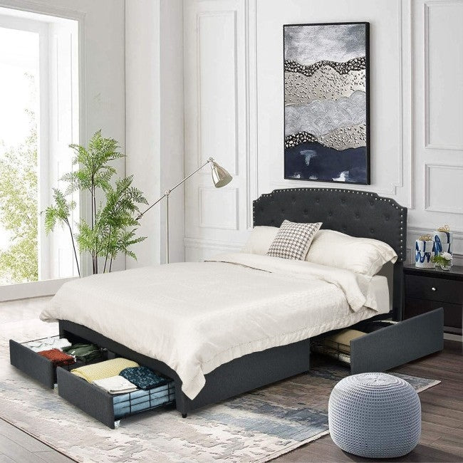 Queen Size Grey Linen Adjustable Headboard 4 Drawer Storage Platform Bed-2