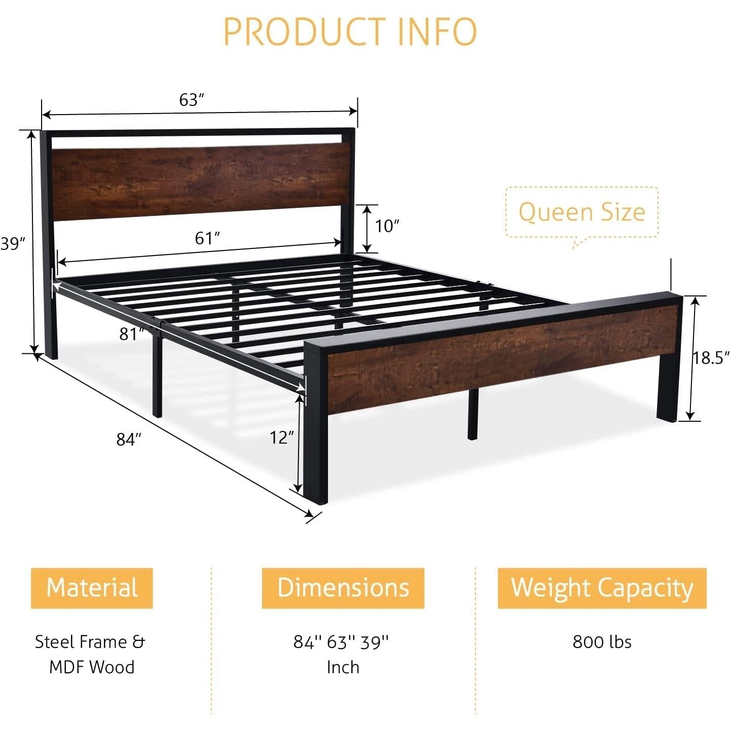 Queen Metal Platform Bed Frame with Mahogany Wood Panel Headboard Footboard-3