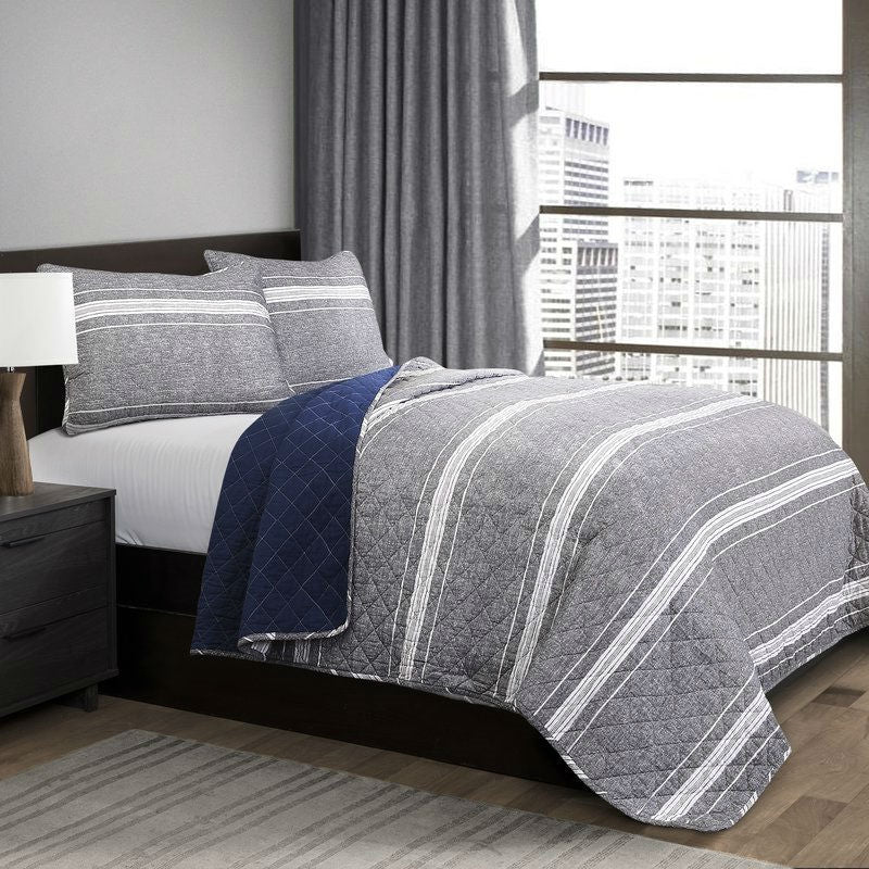 Queen Gray Navy Stripe Motif 100% Cotton Reversible Quilt Coverlet Bedspread Set-0