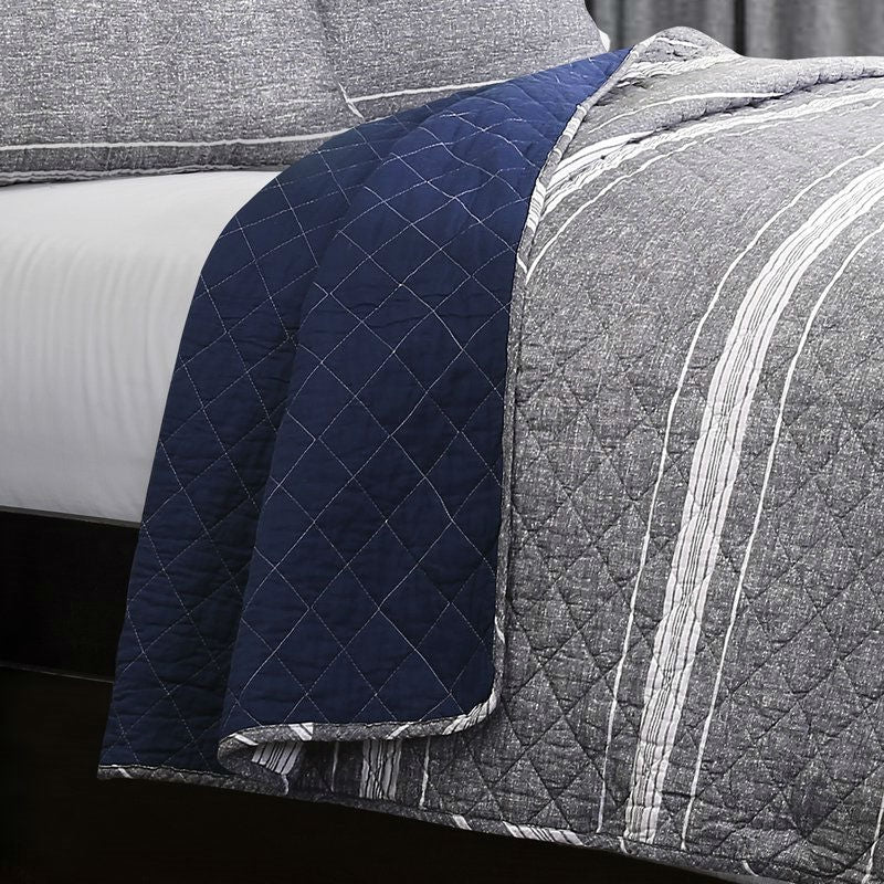 Queen Gray Navy Stripe Motif 100% Cotton Reversible Quilt Coverlet Bedspread Set-2