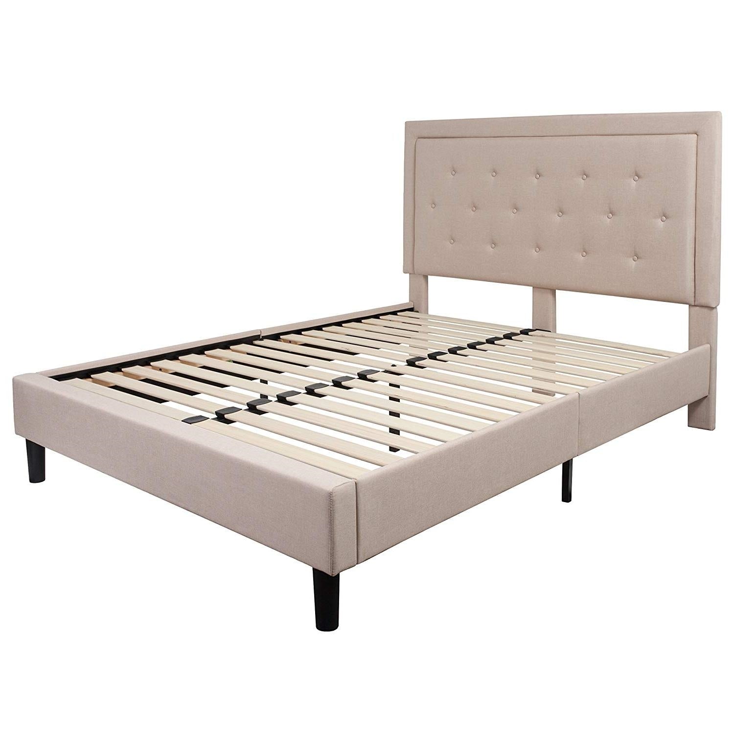 Queen Beige Upholstered Platform Bed Frame with Button Tufted Headboard-0